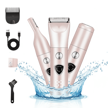 Bikini Trimmer for Women: 3 in 1 Electric Razors with LED Display - Waterproof Wet & Dry Use Hair Trimmer Kit forLadies Pubic Legs Face Underarms, Portable Womens Body Shavers Set