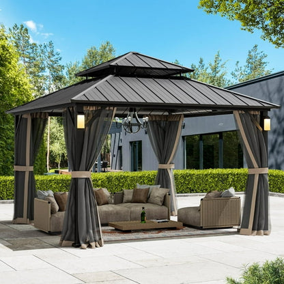 FONA 12'x14' Permanent Hardtop Gazebo with LED Lights,Double Roof,Mosquito Netting & Hooks,Black