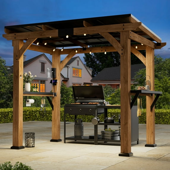 FONA 6'x8' Cedar Wood Grill Gazebo with Shelves,Paper Towel Holder,Steel Roof & USB Charging Ports