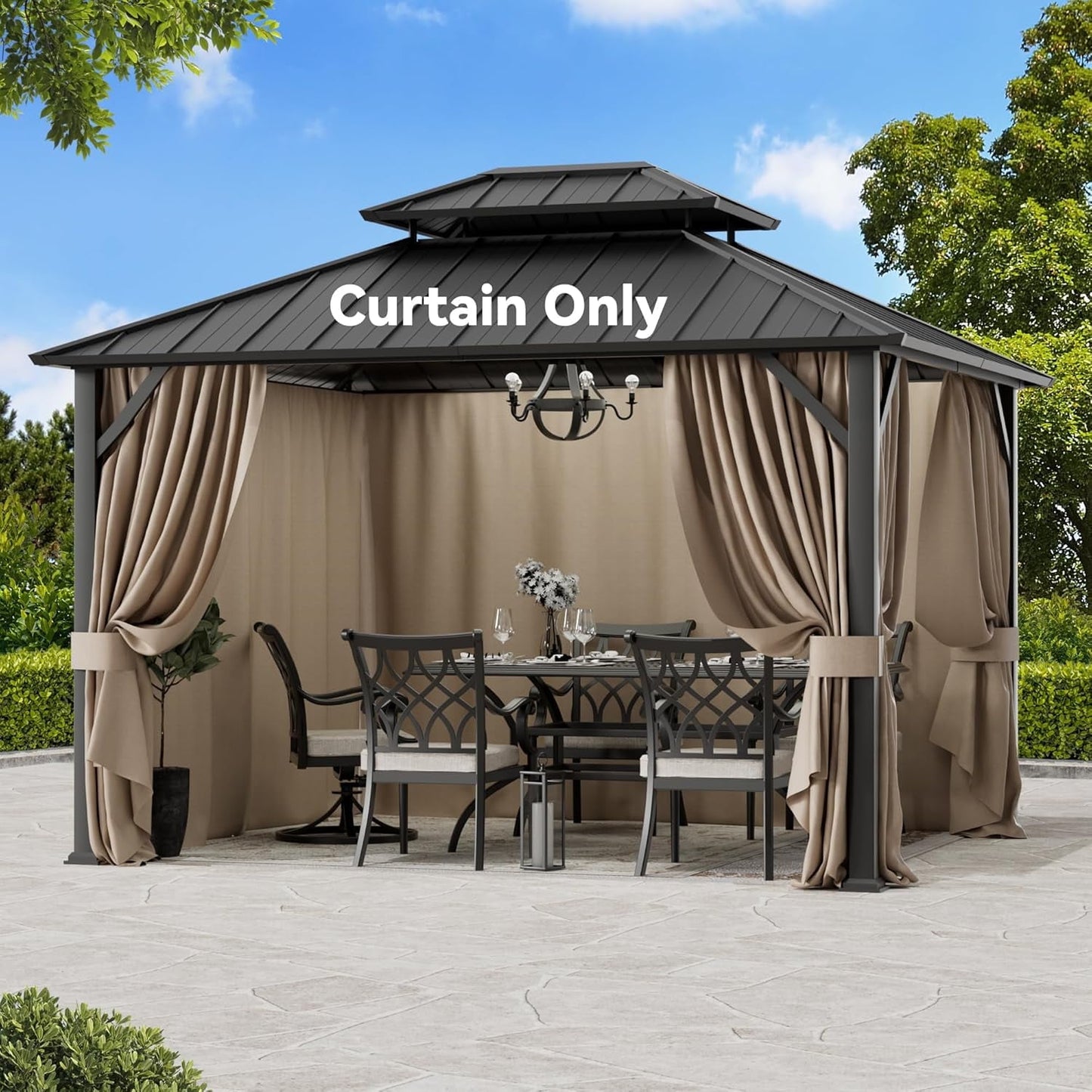 FONA Gazebo Curtain Replacement Universal 4-Panel Sidewalls 10' x 12', Outdoor Gazebo Privacy Curtains with Zipper, Replacement for Outdoor, Patio Canopy, Garden and Backyard