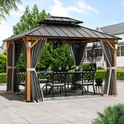 FONA 10'x12' Wood-Look Hardtop Gazebo with LED Lights,Double Roof & Netting