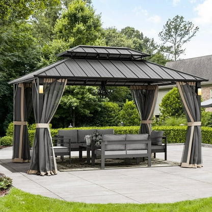 FONA 10'x14' Wood-Look Hardtop Gazebo with LED Lights,Double Roof,Netting & Hooks,Black