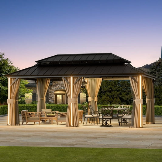 FONA 12'x20' Steel Roof Gazebo w/ 6 LED Lights,Curtains,Netting&USB Charging Port,Black