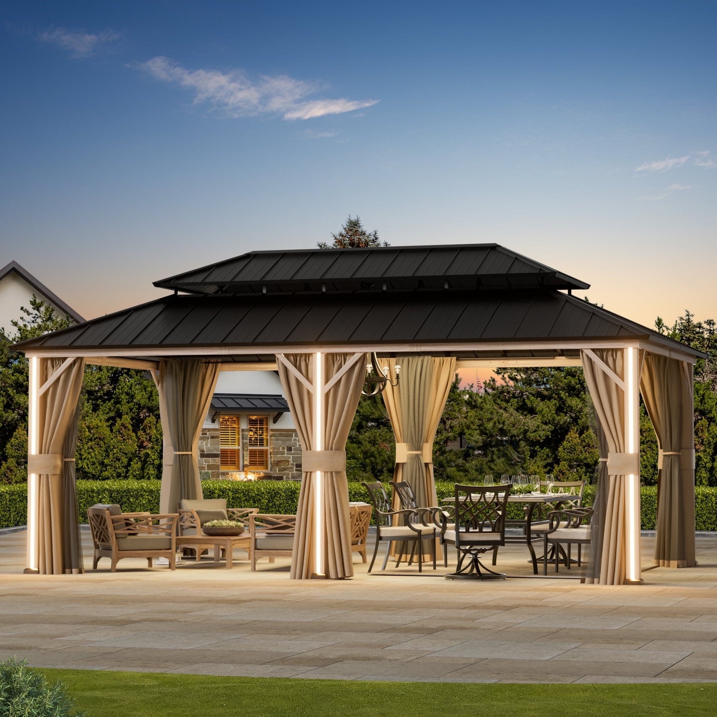 FONA 12'x20' Steel Roof Gazebo w/ 6 LED Lights,Curtains,Netting&USB Charging Port,Black