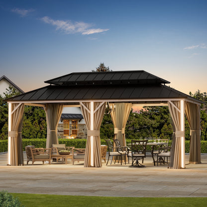 FONA 12'x20' Steel Roof Gazebo w/ 6 LED Lights,Curtains,Netting&USB Charging Port,Black