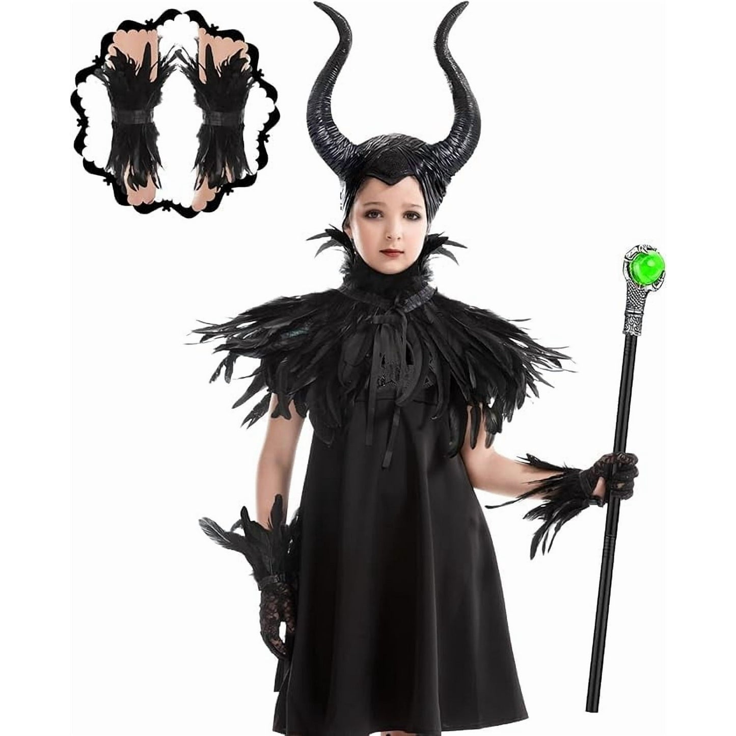Girls Halloween Maleficent Costume, Gothic Black Suits with Horn, Scepter, Feather Cape Shawl, Feather Lace Gloves and Footcovers without Dress for Children Evil Witch Darkness Gown Cosplay Party