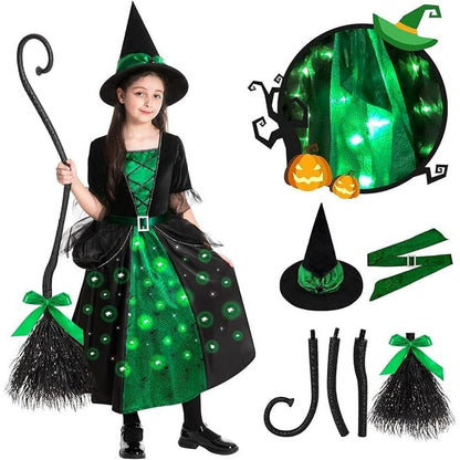 Girls Witch Halloween Costumes, Light Up Halloween Witch Dress with Broom and Hat for Kids Cosplay Party 3-4 Years