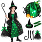 Girls Witch Halloween Costumes, Light Up Halloween Witch Dress with Broom and Hat for Kids Cosplay Party 3-4 Years