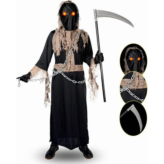 Grim Reaper Costume for Adult,Phantom Halloween Costume with Red Glowing Eyes, Gloves Scythe included