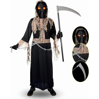 Grim Reaper Costume for Kids,Phantom Halloween Costume with Red Glowing Eyes, Gloves Scythe for 8-10 Years