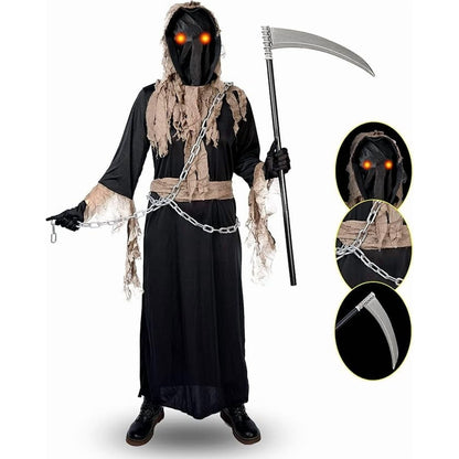 Grim Reaper Costume for Adult,Phantom Halloween Costume with Red Glowing Eyes, Gloves Scythe included