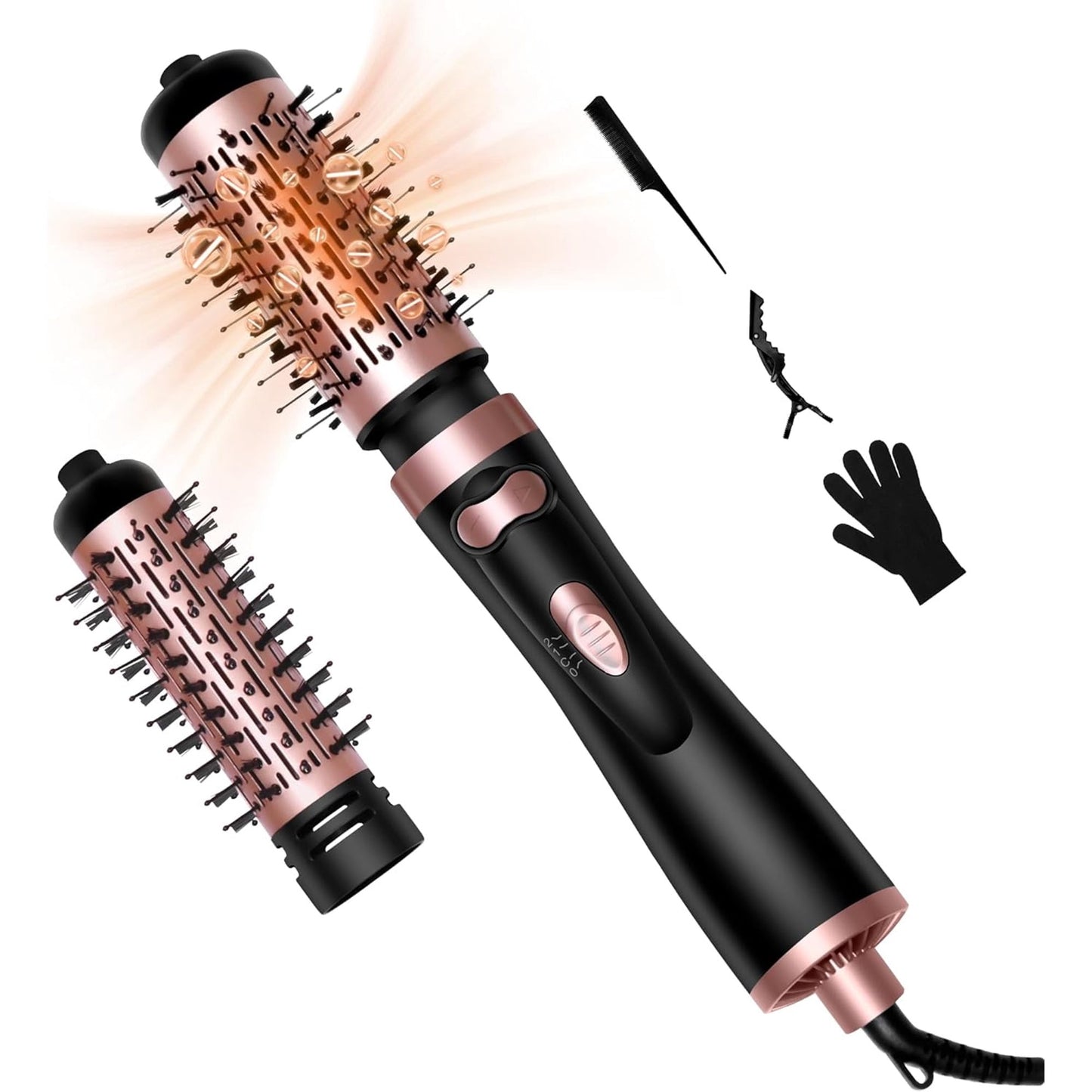 Hair Dryer Brush, 3-in-1 Rotating Round Hot Air Spin Brush Set with 2 Brushes (2" & 1.5"), Negative Ionic Blow Volumizer, 2 Detachable Auto-Rotating Curling Brush (Golden Black)