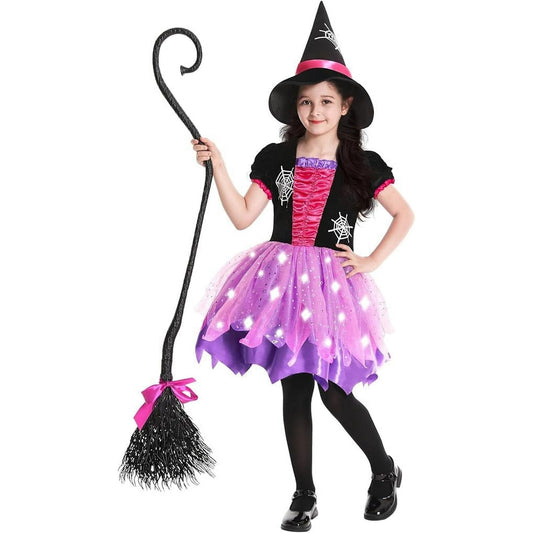 Halloween Pink Witch Light Up Costume for Toddlers - Glow Dress with Hat & Broom Ages 3-4
