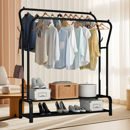 HioHa Heavy Duty 2-Tier Rolling Garment Rack with Wheels - Double Rail Clothing Rack with Storage Shelf & Side Hooks for Bedroom, Closet, Dorm, Laundry Room, Black