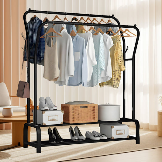 HioHa Heavy Duty 2-Tier Rolling Garment Rack with Wheels - Double Rail Clothing Rack with Storage Shelf & Side Hooks for Bedroom, Closet, Dorm, Laundry Room, Black