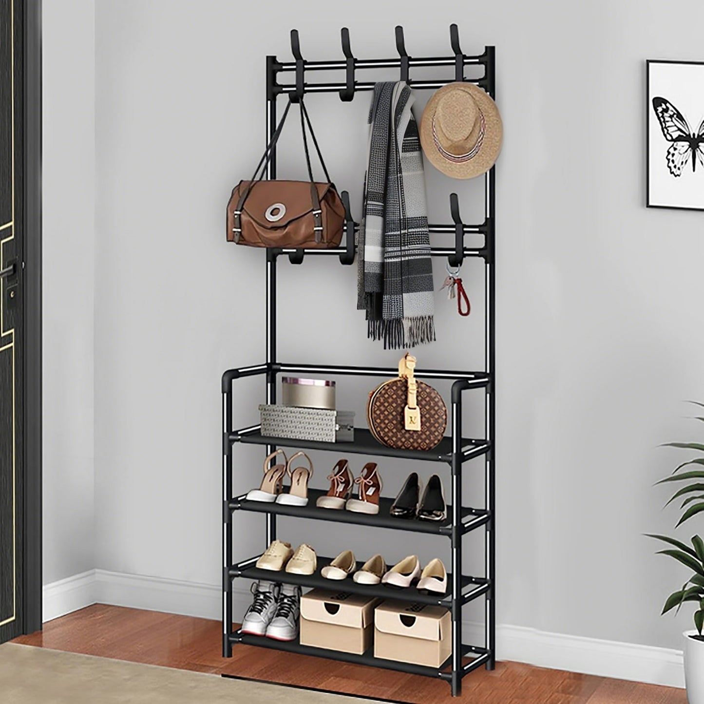 HIOHA 4-Tier Shoe Rack with Coat Hooks, Modern Hall Tree for Entryway, Living Room & Office, 24x10x61 Inch, Black