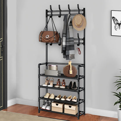 HIOHA 4-Tier Shoe Rack with Coat Hooks, Modern Hall Tree for Entryway, Living Room & Office, 24x10x61 Inch, Black