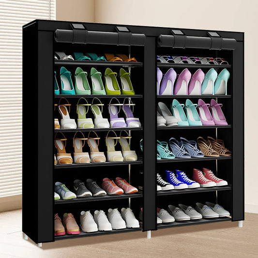 HioHa 7-Tier Shoe Rack with Cover, Holds 36 Pairs of Shoes, Dust-Proof Storage Organizer, Space Saving Closet Cabinet for Entryway, Closet, Hallway, Non-Woven Fabric, Black