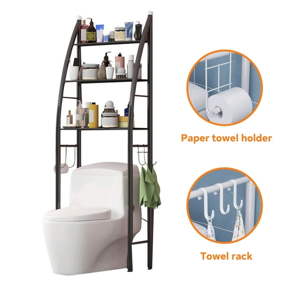 HIOHA over Toilet Storage Rack with Toilet Paper Roll Holder & 4 Hooks 1-Shelf Steel Bathroom Space Saver Organizer, Black