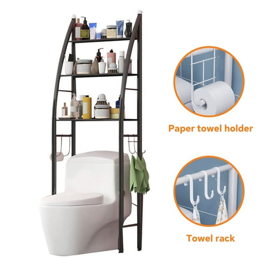 HIOHA over Toilet Storage Rack with Toilet Paper Roll Holder & 4 Hooks 1-Shelf Steel Bathroom Space Saver Organizer, Black