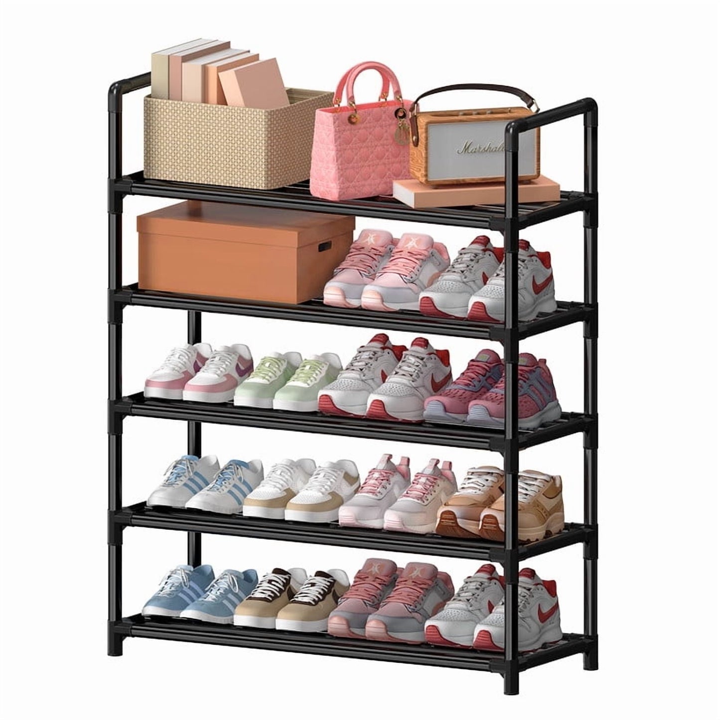 Krpimt 5-Tier Shoe Rack, 31.5" Stackable Shoe Organizer Storage Holds 15-20 Pairs, Metal Shoe Shelf for Entryway Hallway and Closet, Black
