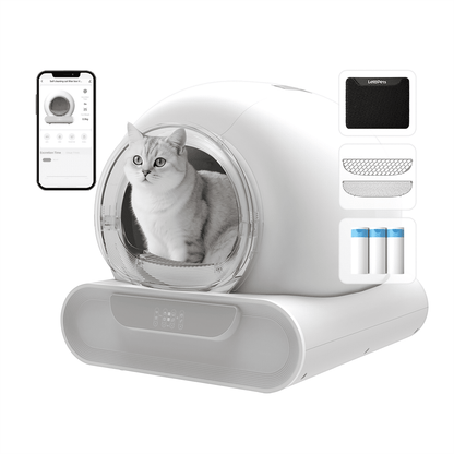 LeloPets D1 Self‑Cleaning Cat Litter Box, App Control, Auto Safety Sensors, Odor Control, Large‑Capacity Covered, for Multiple Cats, White