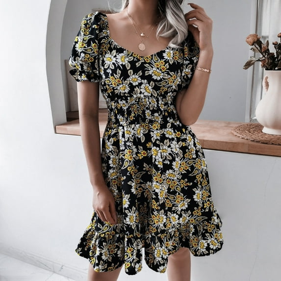 MLDRA 2025 Women's Dress Floral Print Puff Sleeve Smocked Waist Dresses Casual Sundresses for Women