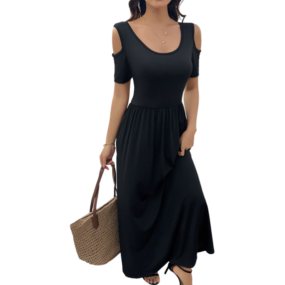 MLDRA Dresses for Women Long Maxi Skirt Sundress Spring Summer Beach Cold Shoulder with Pockets 2025 Black