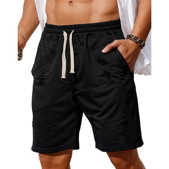Puztloy Mens Casual Shorts Elastic Waist Ripped Drawstring Shorts Summer Beach Shorts with Pockets, Black