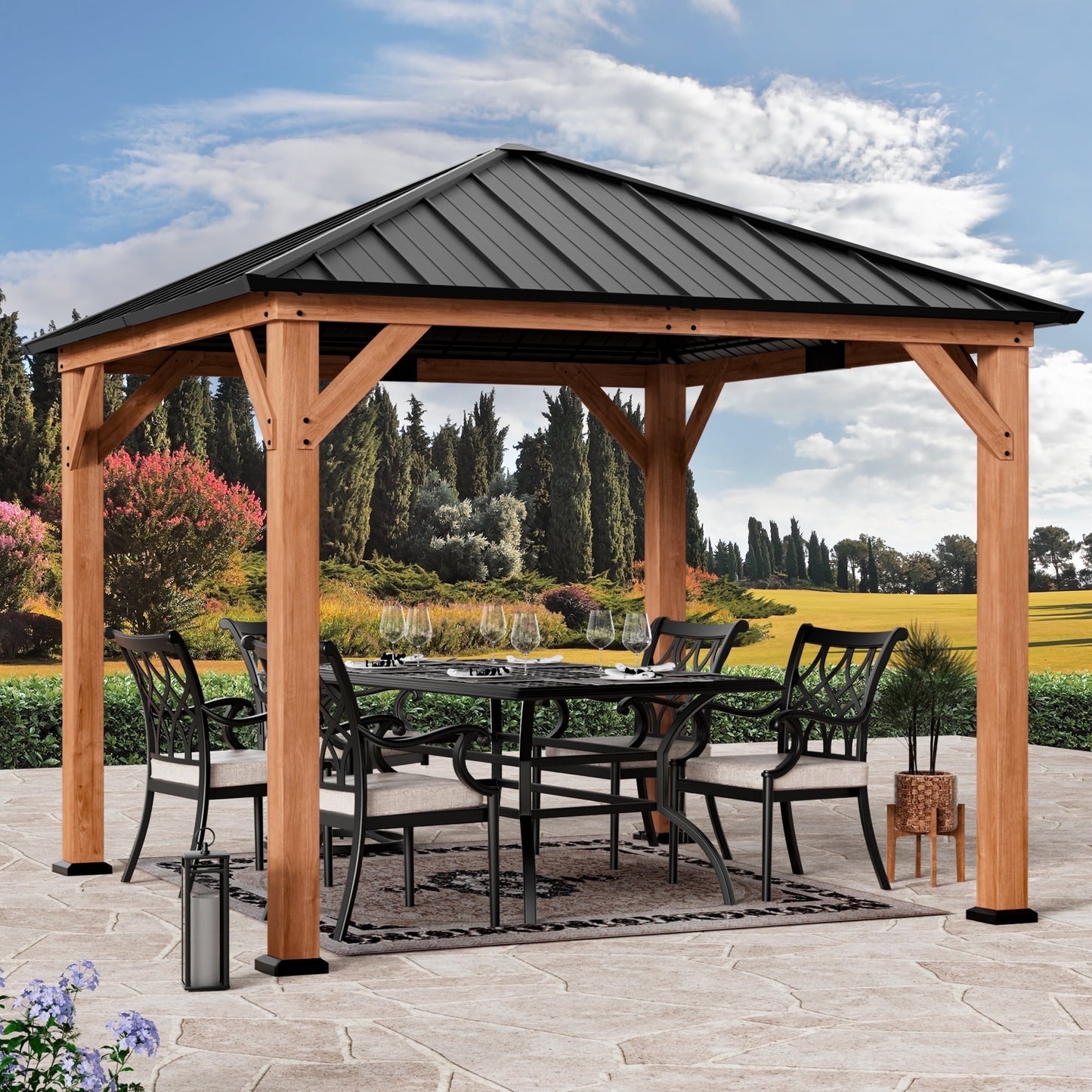Modern Shade 10'x 10'Outdoor Cedar Wood Hardtop Gazebo with Galvanized Steel Roof for Patio or Backyard