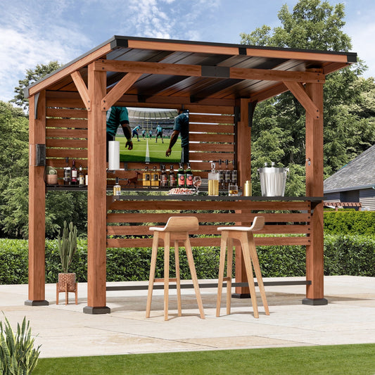 Modern Shade Cedar Wood Entertainment Gazebo with Hardtop Roof, Grill Bar Center, Shelves, TV Mount & Power Strip for Patio or Garden