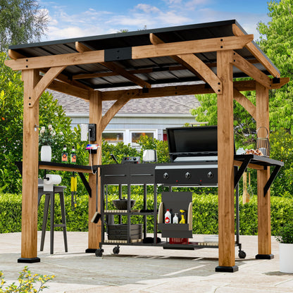 Modern Shade Grill Gazebo 6' X 8', Cedar Wood Gazebo with Shelves and Paper Towel Holder, Patio Gazebo with Galvanized Steel Roof, USB and USB-C Charging Ports, BBQ Gazebo for Patio Backyard