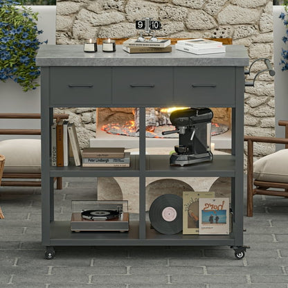 Modern Shade Outdoor Grill Cart with Marble Countertop & Drawers, 39"W BBQ Table with Locking Casters