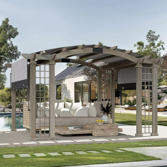 Modern Shade Outdoor Pergola 12' x 14', Patio Pergola with Arched Roof Design, All Aluminum Gazebo with Durable Canvas for patio, Backyard, Deck, Lawn, Wood-Looking