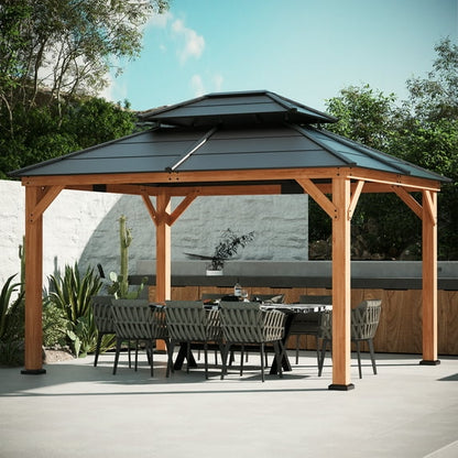 Modern Shade Wood Gazebo 11' x 13', Cedar Framed Wooden Gazebo with Double Galvanized Steel Roof, Hardtop Gazebo with Sturdy Hooks for Garden, Backyard patio and Deck