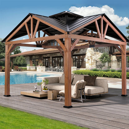 Modern Shade Wood Gazebo 12’x12’, Heavy Duty Hardtop Gazebo with Steel Roof, Water Resistant, Wind Resistant, Perfect for Your Permanent Outdoor Pavilion, Solid Wood Framed Gazebo, Cedar Gazebo