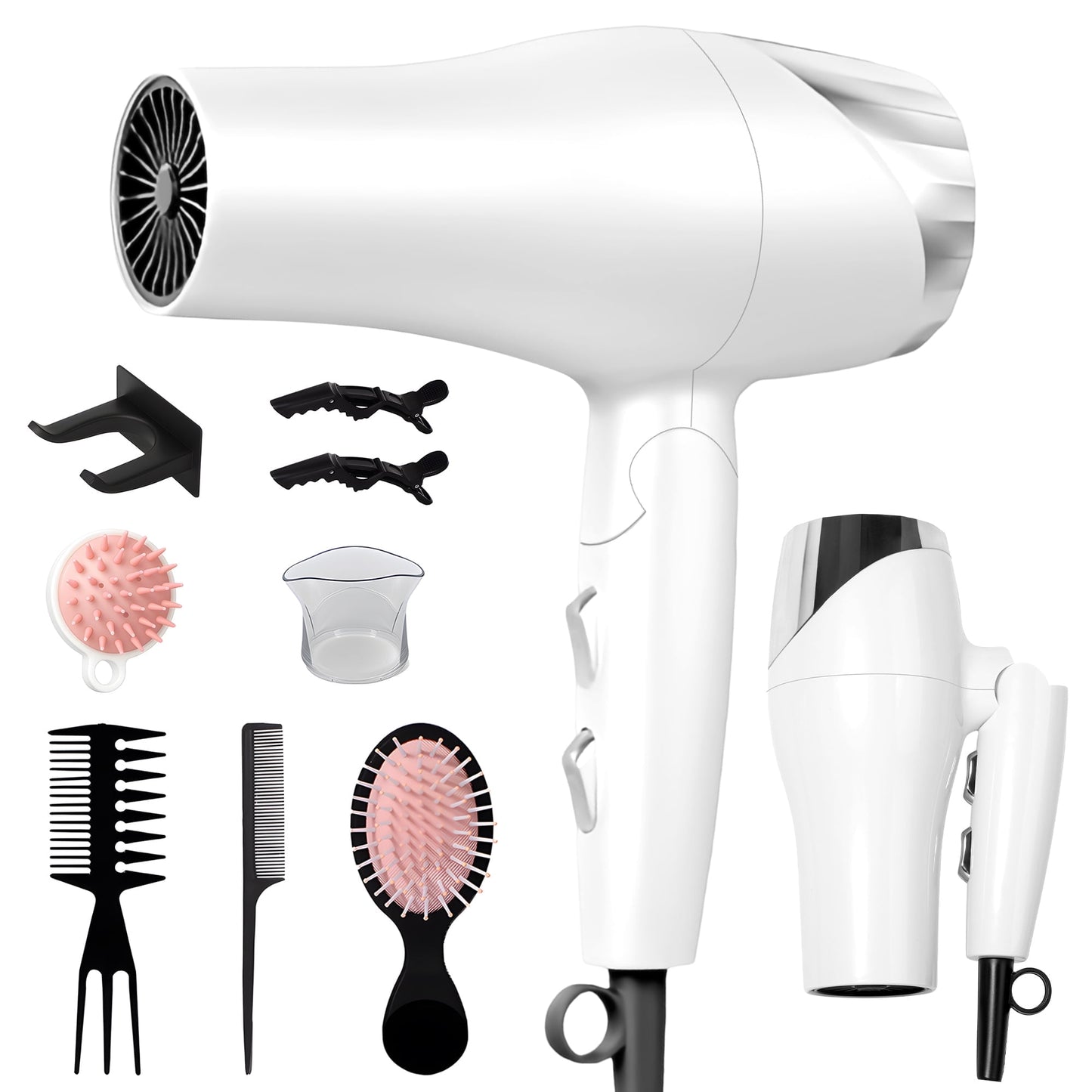 Morfone Hair Dryer, Negative Ionic Foldable Blow Dryer for Fast Drying, Thermo-Control Compact Hair Blow Dryer with Hair Diffuser, White