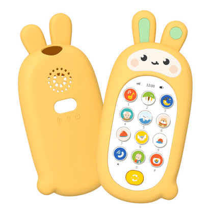 FRESHE Musical Kids Phone Toy with Rabbit Silicone Case, Sensory Learning Toys for 1 Year Old with 13 Functions, Multi Sound Effects & Music, Yellow
