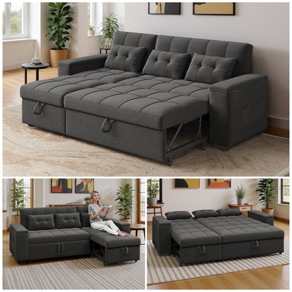 Noelse 87" Convertible Sofa Bed, Queen Size Sleeper with Pull Out Couch, 3 in 1 Sectional Sleeper Sofa with Side Pockets, Storage Armrest, Adjustable Backrest for Living Room, Dark Grey