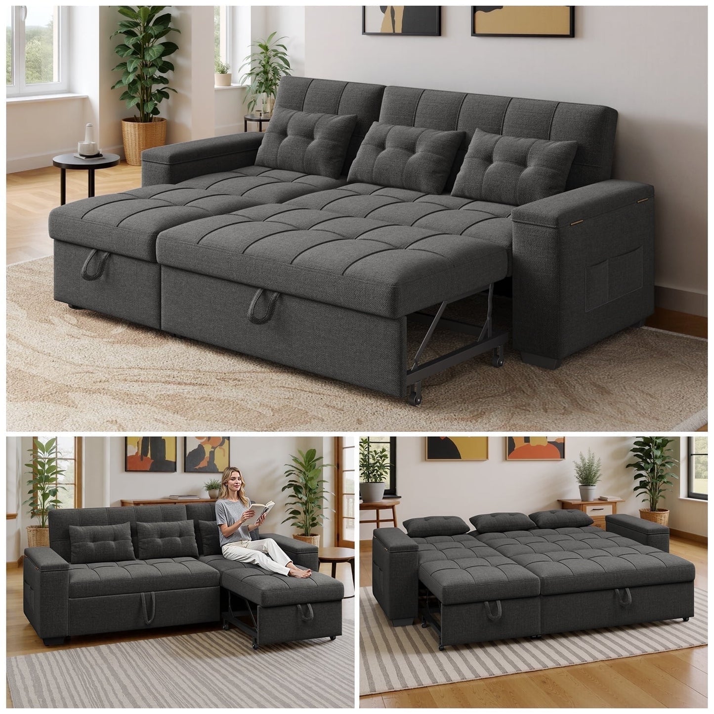 Noelse 87" Convertible Sofa Bed, Queen Size Sleeper with Pull Out Couch, 3 in 1 Sectional Sleeper Sofa with Side Pockets, Storage Armrest, Adjustable Backrest for Living Room, Dark Grey