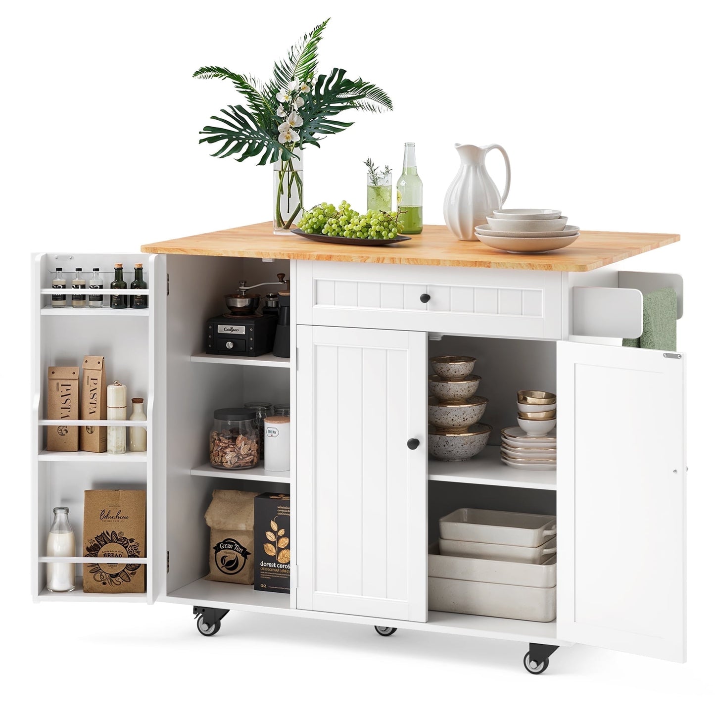 Noelse Kitchen Island with Storage, Island Table for Kitchen with Drop Leaf, Spice Rack, Towel Bar for Small Kitchens, White