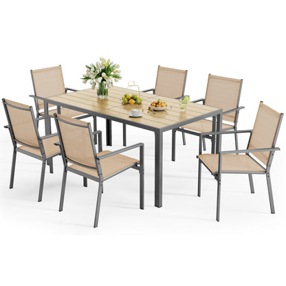 Noelse Patio Dining Set, 7 Pieces Patio Table and Chairs Set Side Umbrella Hole with and 6 Stackable Textilene Patio Chairs for Backyard, Brown