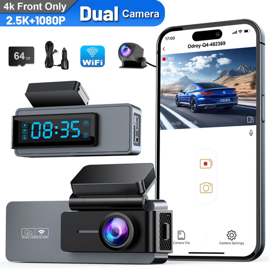 ODREY Dash Cam Front and Rear, 2.5K+1080P WDR Dash Camera for Cars, 4K Single Front Built-in WiFi Car Camera with G-Sensor, Super Night Vision, 64GB Card, Loop Recording, Parking Mode