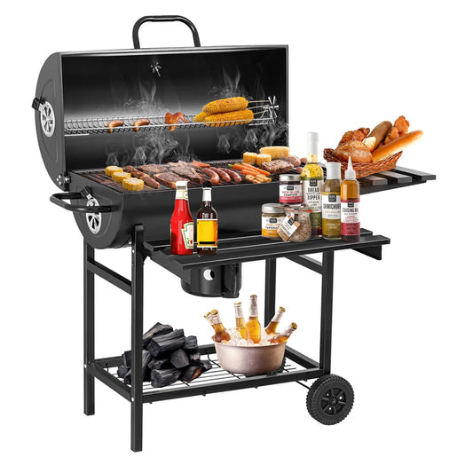 ORFELD Barbecue Grill Portable Charcoal Grill with 2 Foldable Side Tables, Outdoor BBQ with Bottom Storage Shelf