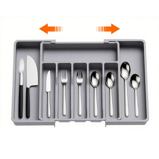 ORFELD Extendable Utensil Tray for Drawer,Multipurpose Kitchen Organizers and Storage Solution，Adjustable BPA-Free Cutlery Holder for Spoons, Forks, Grey