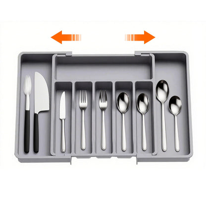 ORFELD Extendable Utensil Tray for Drawer,Multipurpose Kitchen Organizers and Storage Solution，Adjustable BPA-Free Cutlery Holder for Spoons, Forks, Grey