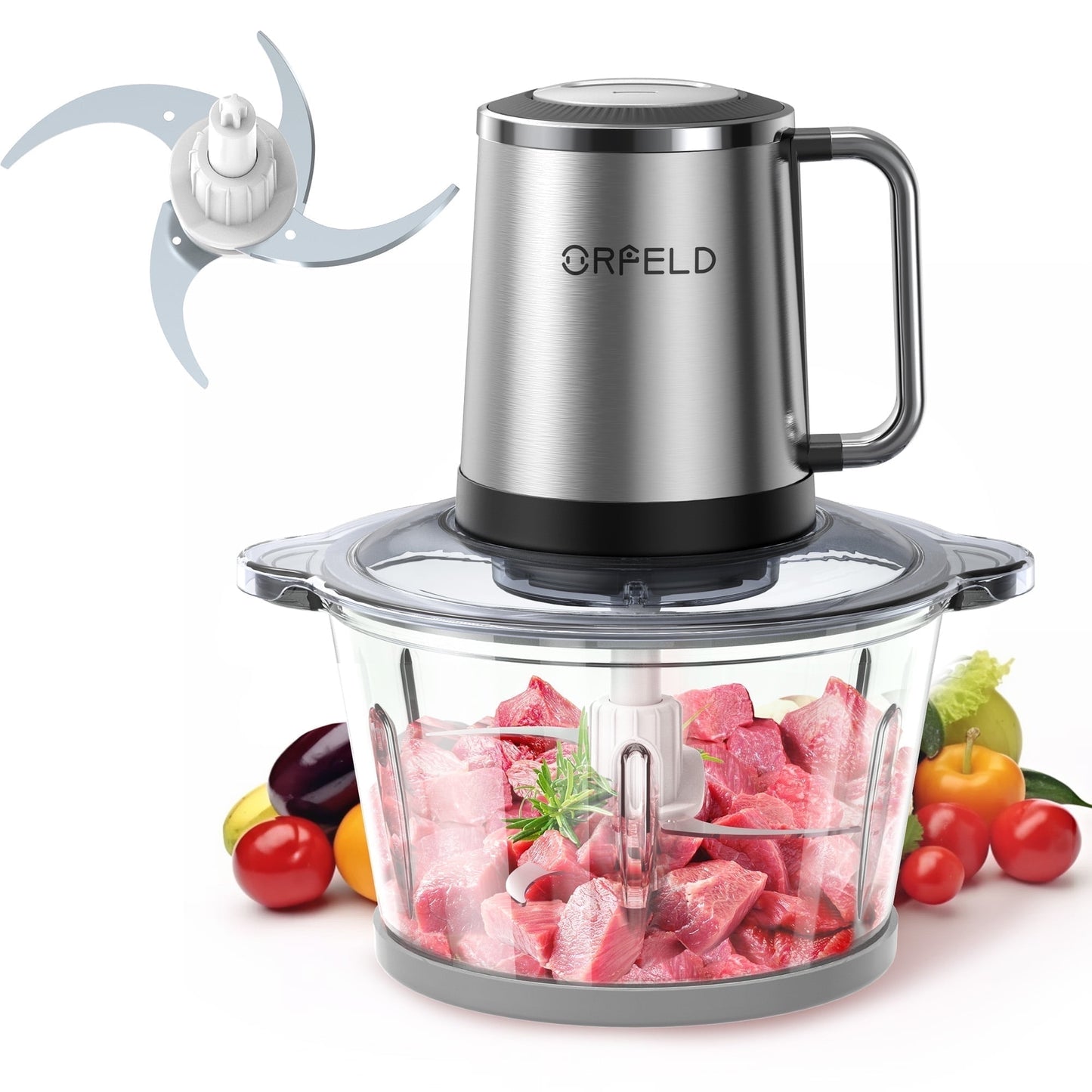 ORFELD Meat Grinder Electric Food Chopper, 2 Speeds 8 Cup Food Processor New, Silver