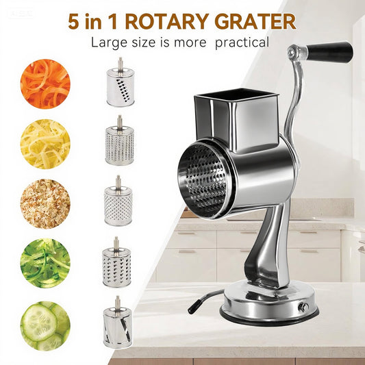 ORFELD Rotary Cheese Grater with Handle - Vegetable Shredder with 5 Well-designed Blades & Strong Suction Base,Round Mandoline Slicer & Food Chopper for Kitchen
