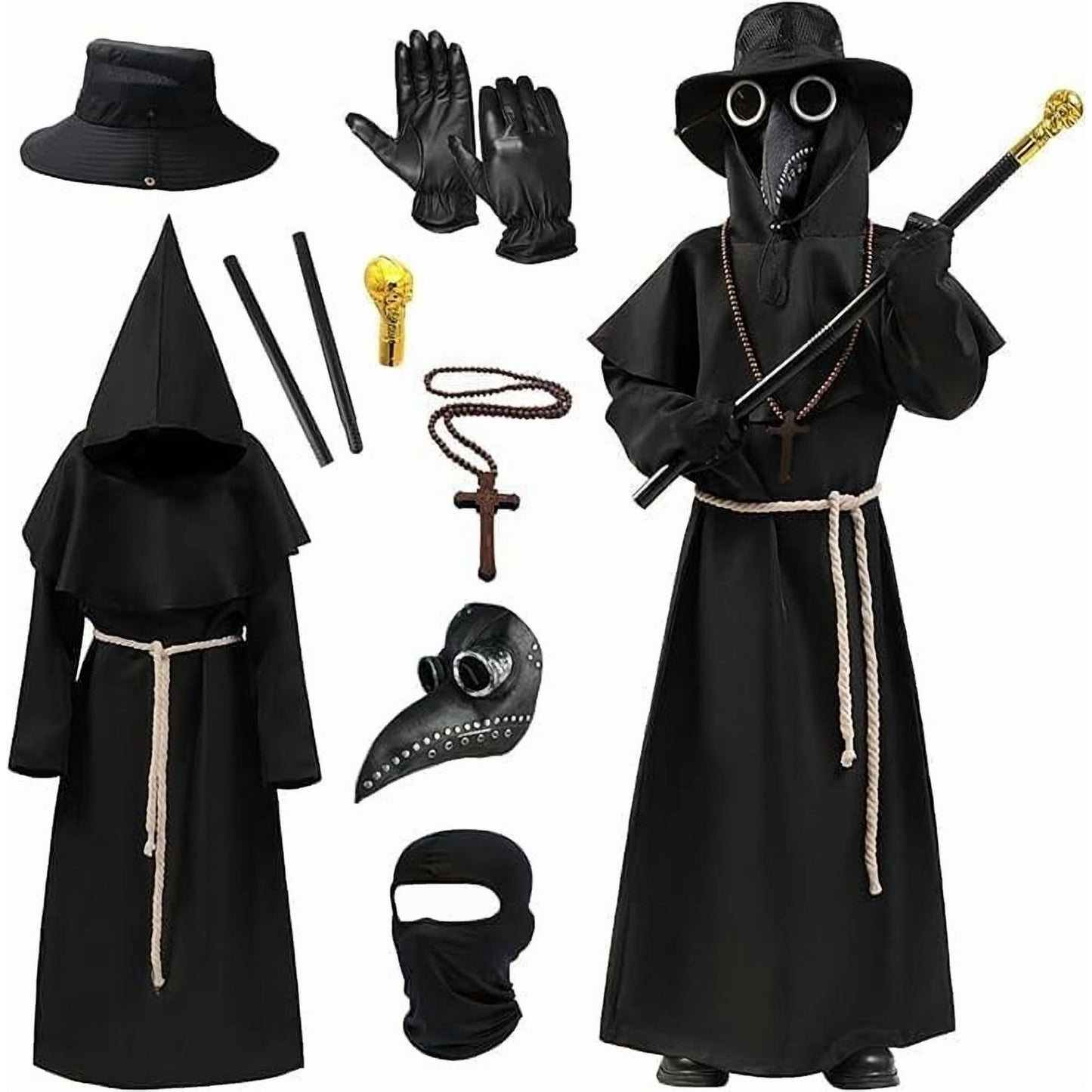 Plague Doctor Costume for Kids, 9 in 1 Halloween Costumes with Mask for Dress-Up Party for 5-7 Yeas