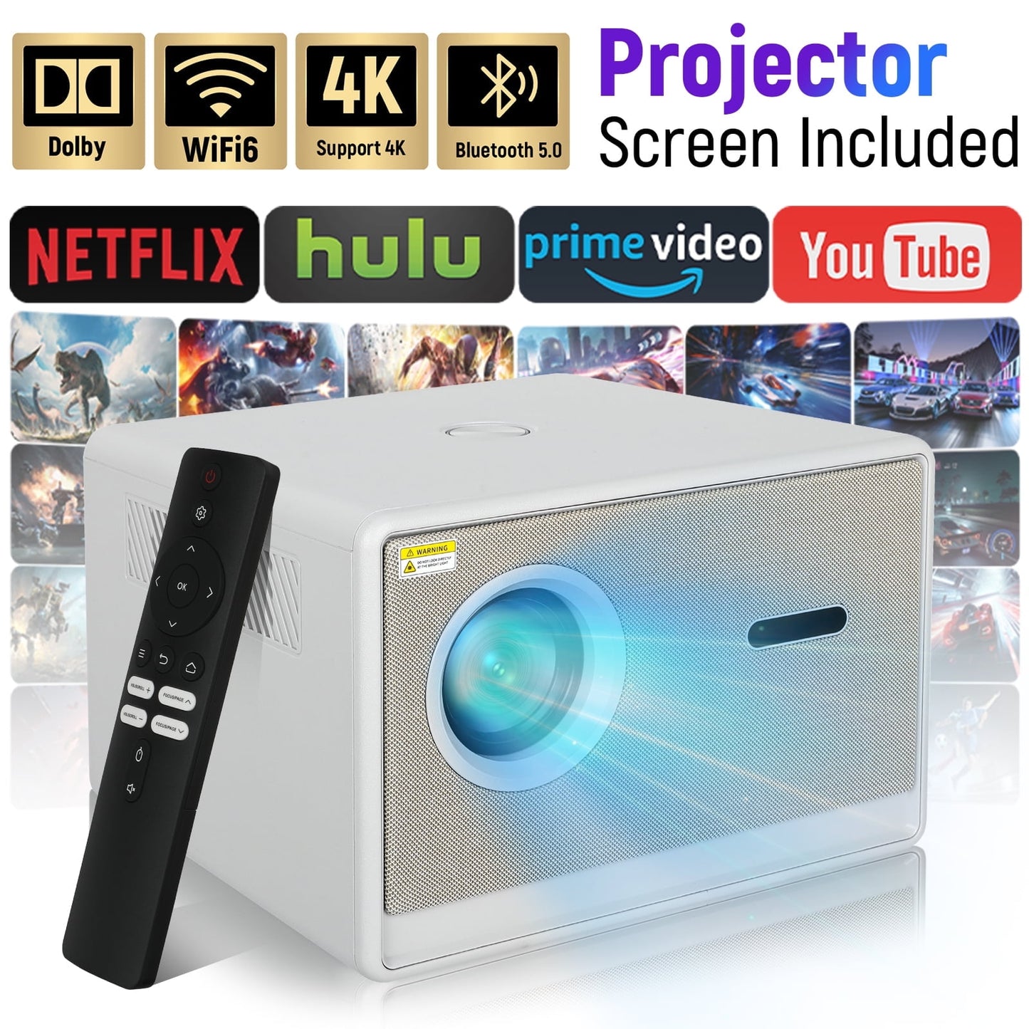 Motorized Focus,Smart Projector with WiFi and Bluetooth, 600ANSI Native 1080P Outdoor Projector, 50% Zoom Home Theater Movie Projector for Bedroom/Outside